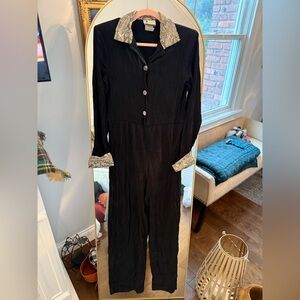 Vintage Visage  Black Crinkle Material Jumpsuit with Animal Pritn Trim
